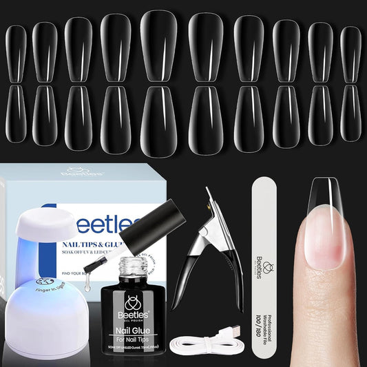 Beetles Soft Gel Nail Kit, 240 Coffin Tips UV Lamp & Glue Gel Gift Set for Women